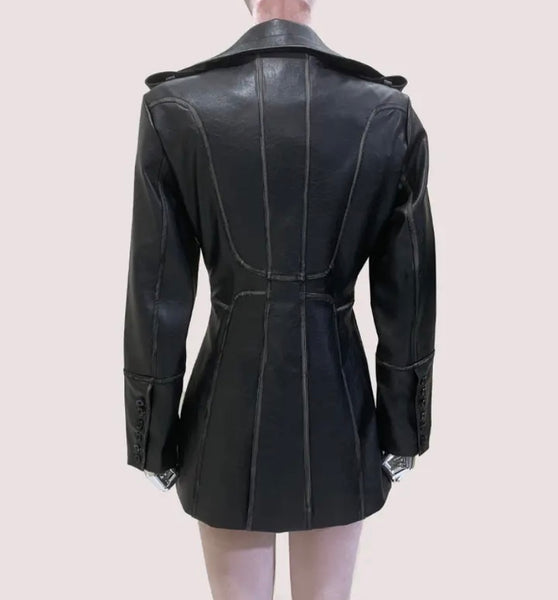 Women Black Fashion Faux Leather Trench Short Jacket