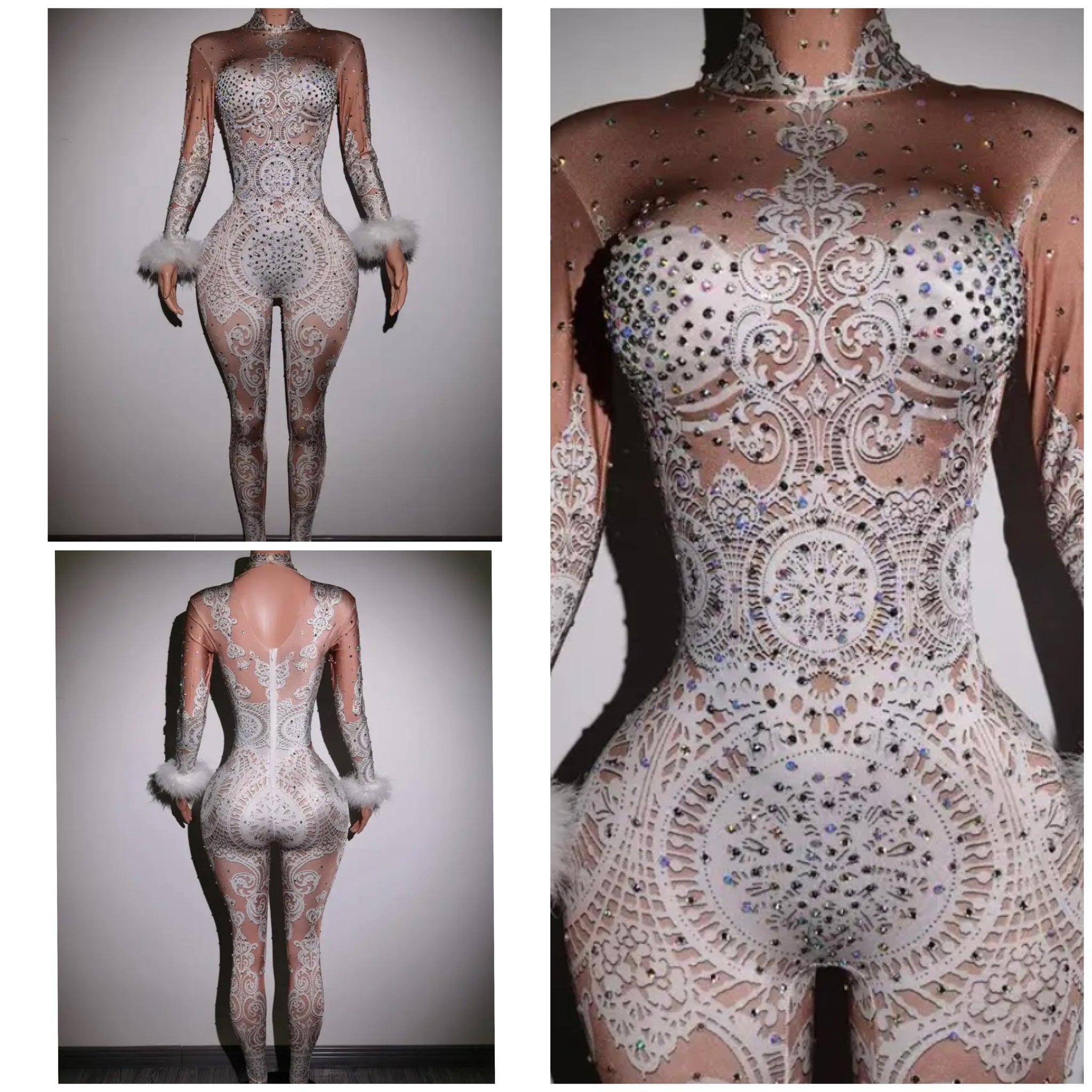 Women Sexy Feather Full Sleeve Rhinestone Jumpsuit