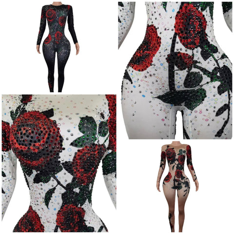 Women Sexy Rose Bling Full Sleeve Jumpsuit