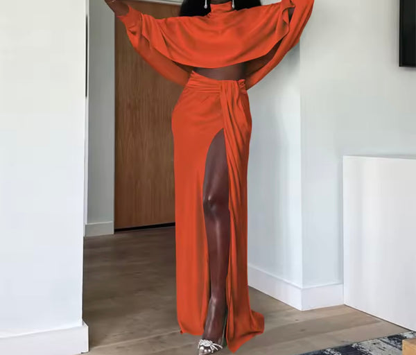 Women Sexy Full Sleeve Ruched Split Two Piece Maxi Skirt Set