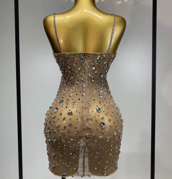 Women Sexy Sleeveless Rhinestone Mesh Dress