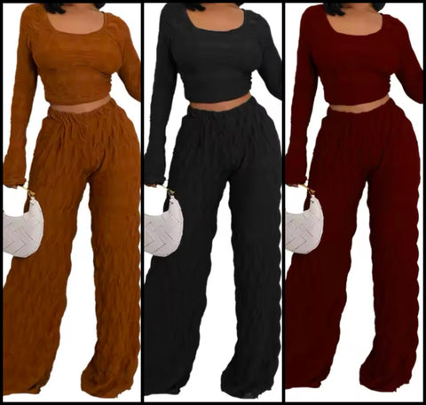 Women Fashion Full Sleeve Solid Color Crop Two Piece Pant Set