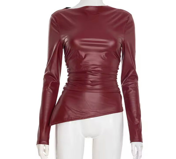 Women Color Fashion Faux Leather Full Sleeve Ruched Top