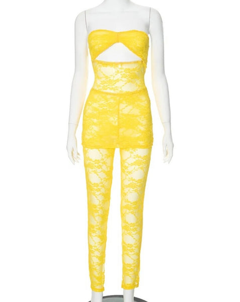 Women Sexy Yellow Sleeveless Lace Two Piece Pant Set