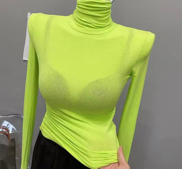 Women Fashion Turtleneck Full Sleeve Mesh Top