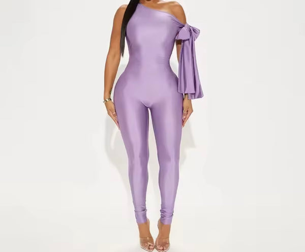 Women Sexy Purple Slant Shoulder Bow Jumpsuit