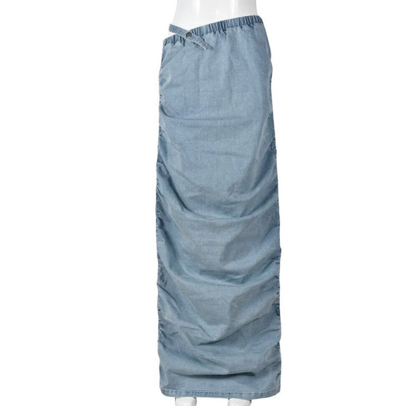 Women Ruched Fashion Denim Maxi Skirt