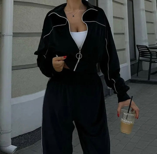 Women Fashion Velour Striped Full Sleeve Tracksuit Two Piece Pant Set