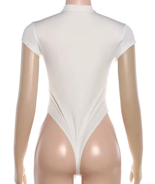 Women Sexy Fashion Silver Zipper Short Sleeve Bodysuit Top