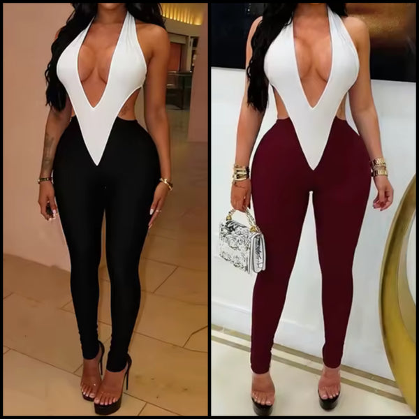 Women Halter Sleeveless Color Patchwork Jumpsuit