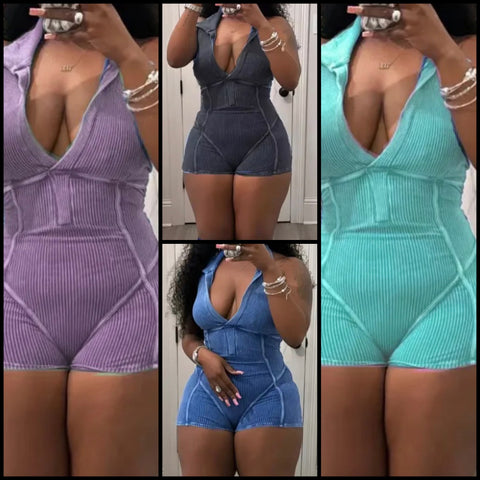 Women Fashion Ribbed Sleeveless Solid Color Romper