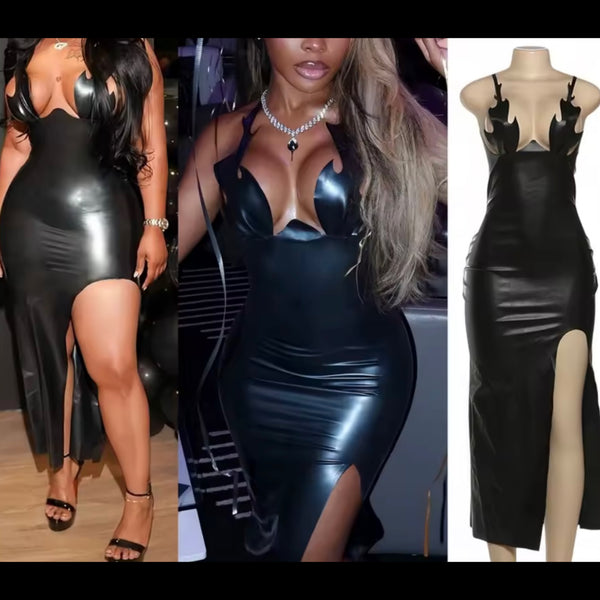 Women Black Sleeveless Faux Leather Split Sexy Maxi Dress
