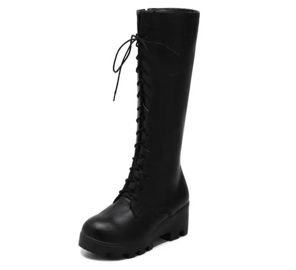 Women Fashion Faux Leather Lace Up Platform Knee High Boots