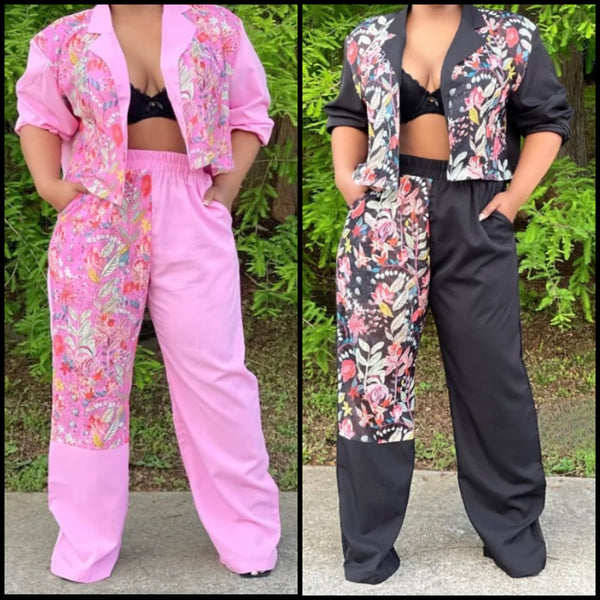 Women Fashion Floral Patchwork Two Piece Tracksuit Pant Set