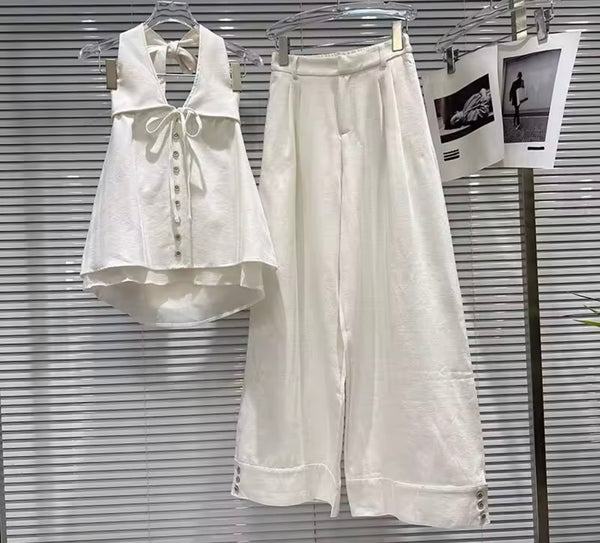 Women Button Bow Halter Sleeveless Two Piece Pant Set