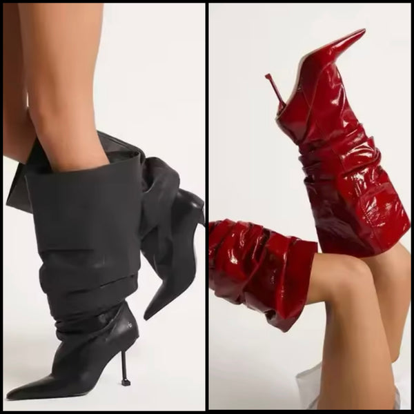 Women Pointed Toe Ruched Fashion Knee High Boots