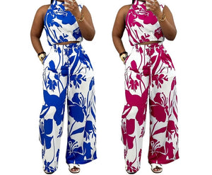 Women Sleeveless Color Patchwork Printed Two Piece Fashion Pant Set