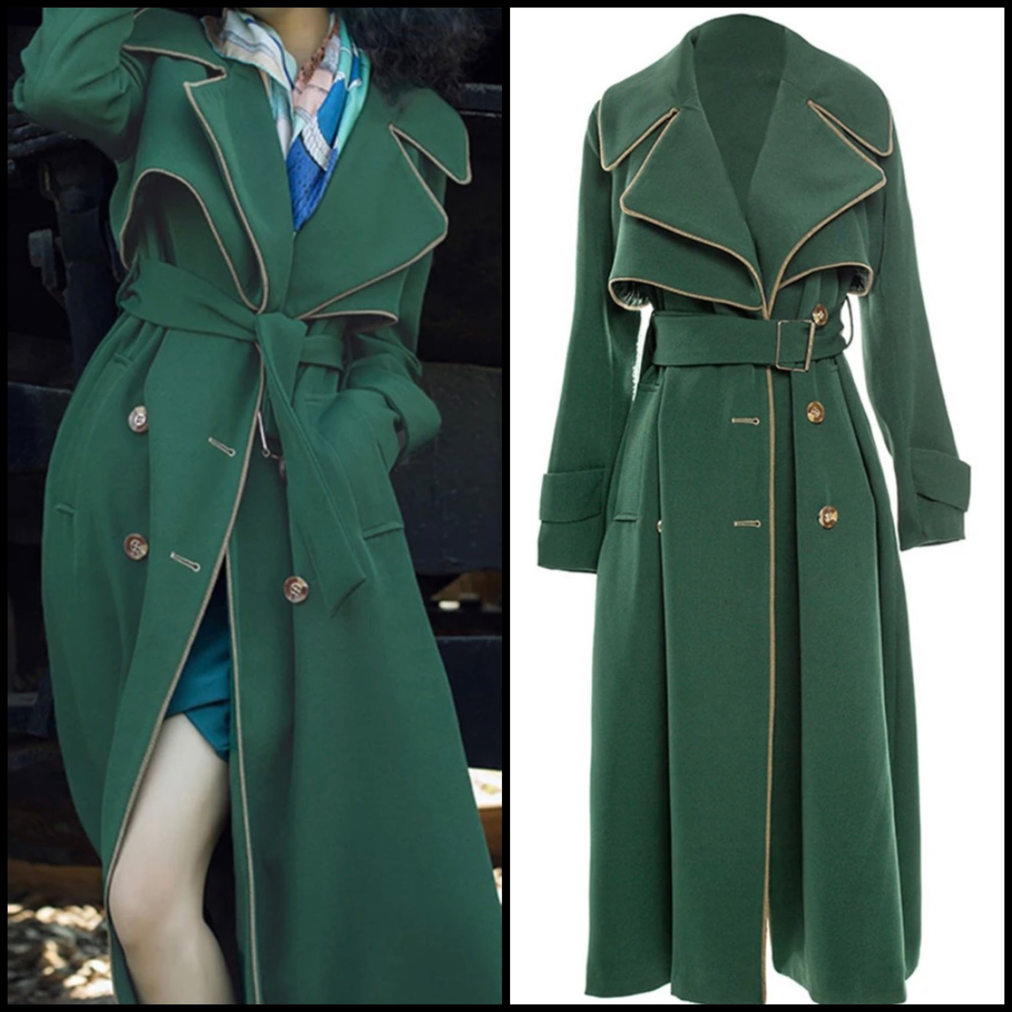 Women Green Button Up Fashion Trench Jacket