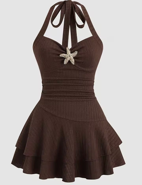 Women Sexy Halter Sleeveless Starfish Ruffle Dress