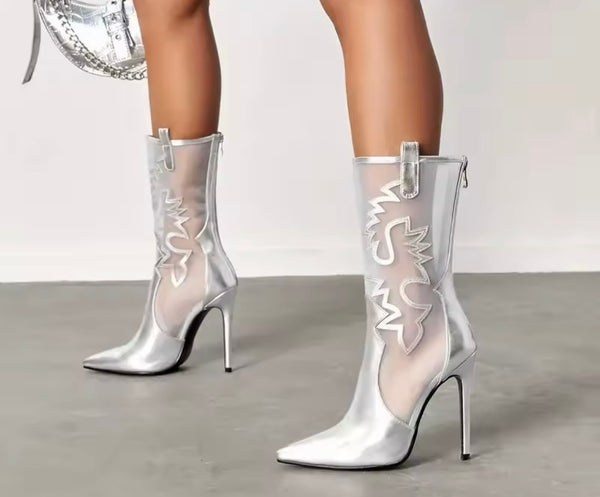 Women Fashion Silver Mesh High Heel Ankle Boots