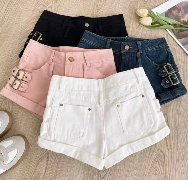 Women Fashion Color Buckled Denim Shorts