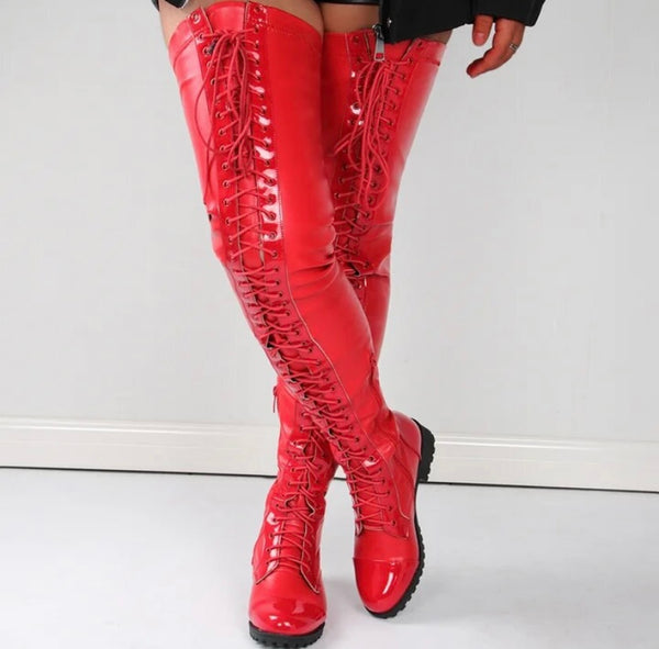 Women Lace Up Over The Knee Fashion Flat Boots