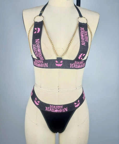 Women Sexy Black/Pink Halloween Letter Print Chain Lingerie Set