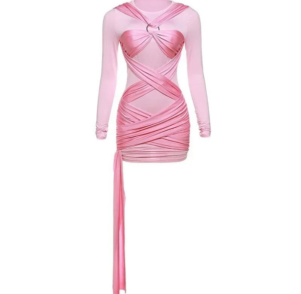 Women Sexy Full Sleeve Pink Lace Up Dress