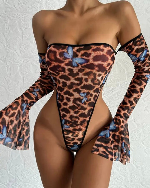 Women Sexy Off The Shoulder Leopard Print Bodysuit Lingerie