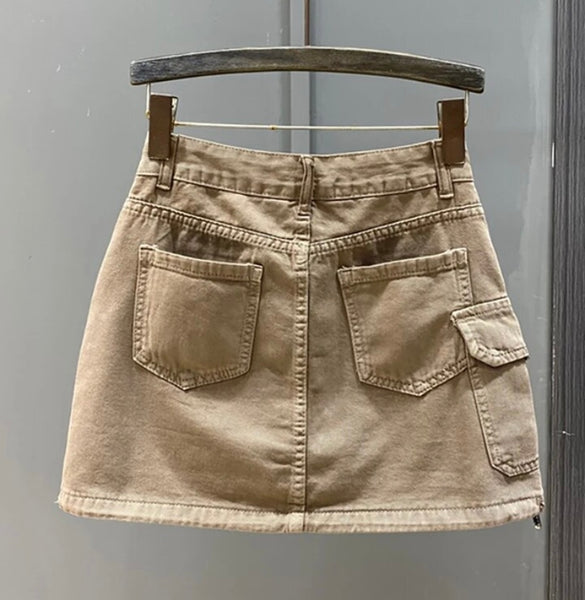 Women Fashion Side Pocket Drawstring Denim Skirt