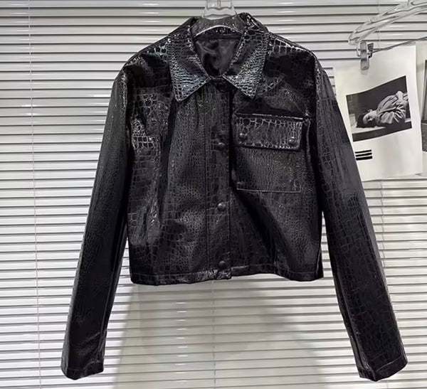 Women Fashion Faux Leather Two Piece Black Jacket Pant Set