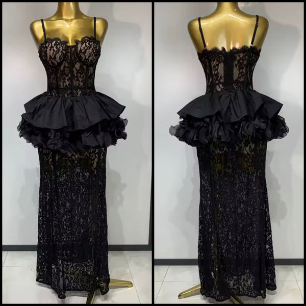 Women Black Sleeveless Sexy Lace Ruffled Maxi Dress