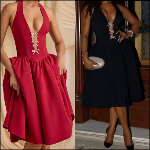 Women Sexy Pearl Bow Cut Out Halter Sleeveless Dress