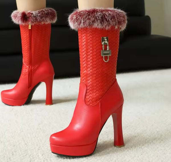 Women Fashion Faux Leather Fur Buckled Lock High Heel Boots