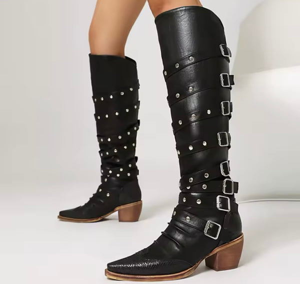 Women Fashion Color Buckled Knee High Western Boots