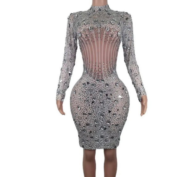 Women Sexy Crystal Gem Mesh Full Sleeve Short/Maxi Dress