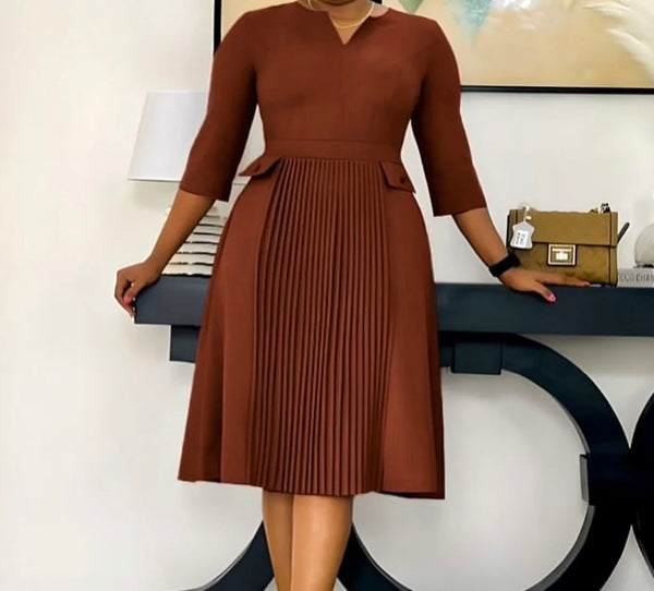 Women Solid Color Full Sleeve Pleated Dress
