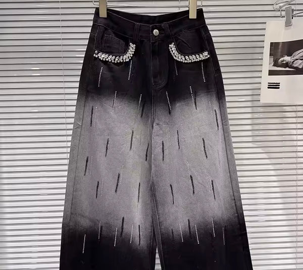 Women Fashion Gradient Rhinestone Denim Wide Leg Pants