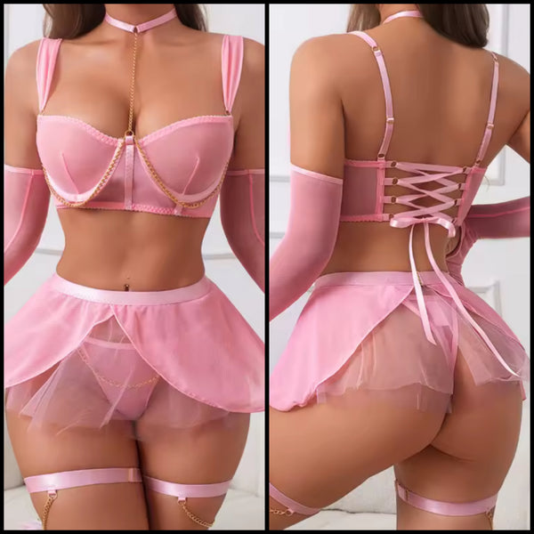 Women Sexy Pink Mesh Lingerie Set