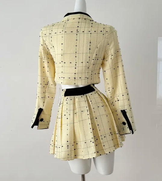 Women Button Up Full Sleeve Two Piece Pleated Skirt Set