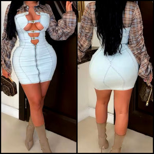 Women Fashion Denim Plaid Patchwork Full Sleeve Dress