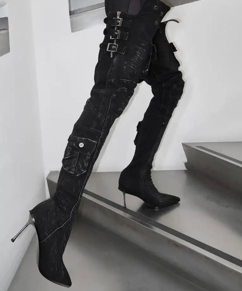 Women Fashion Black Denim Buckled Pocket Over The Knee Boots