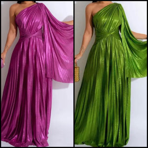 Women Sexy One Shoulder Solid Color Pleated Maxi Dress