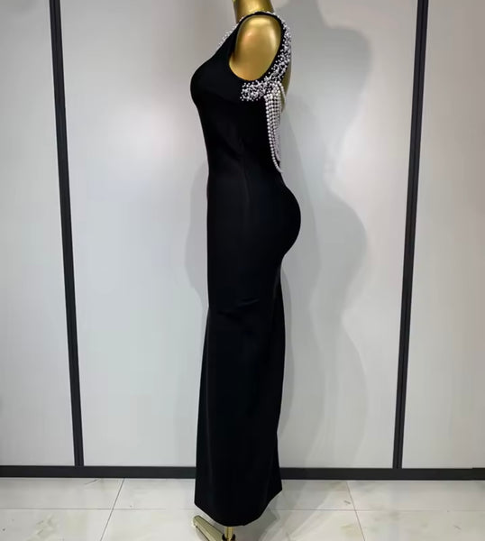 Women Sexy Rhinestones Pearl Open Back Maxi Dress