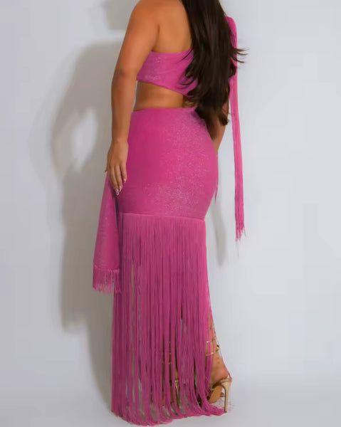 Women Sexy One Shoulder Cut Out Fringe Tassel Maxi Dress