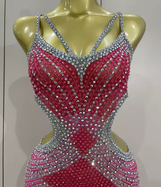 Women Sexy Sleeveless Open Back Pink Rhinestone Dress