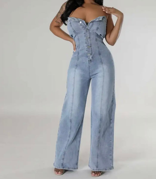 Women Sexy Fashion Button Up Strapless Denim Jumpsuit