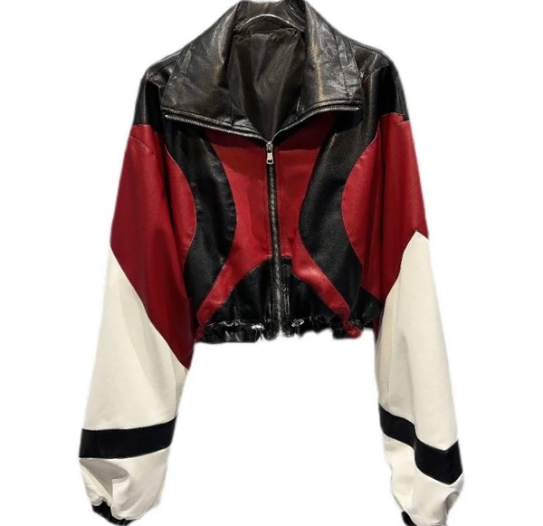 Women Fashion Color Patchwork Drawstring Faux Leather Jacket