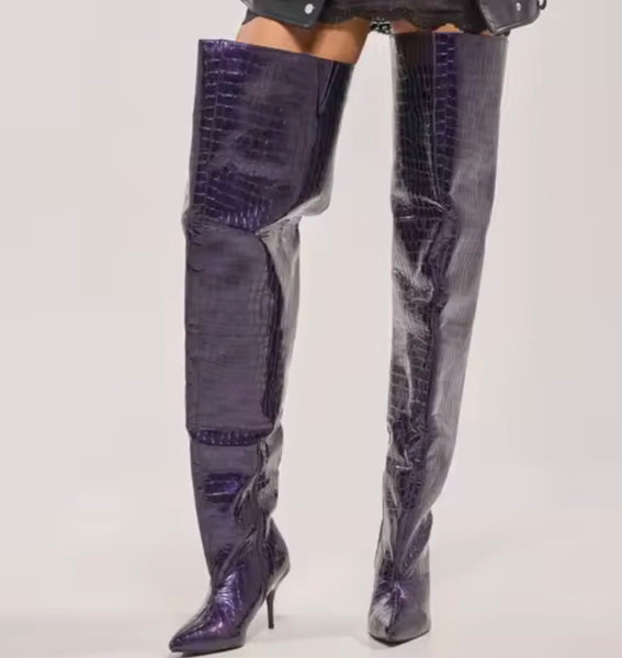 Women Fashion Purple Faux Leather Over The Knee High Heel Boots