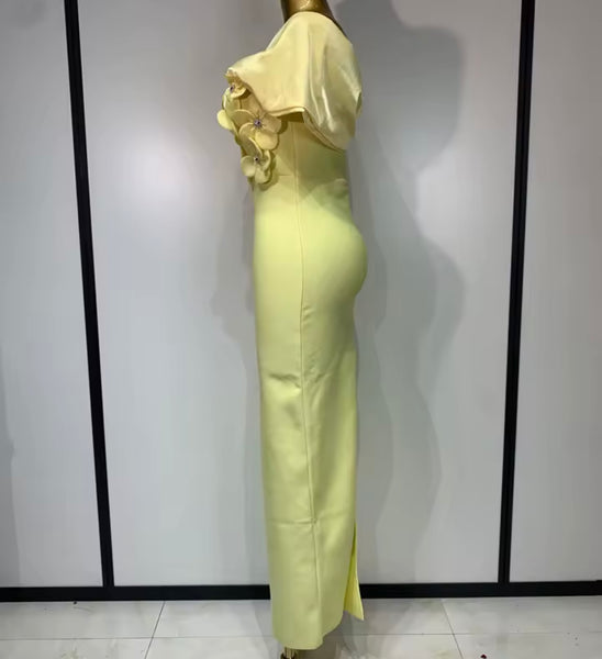 Women Yellow Floral Rhinestone Off The Shoulder Maxi Dress